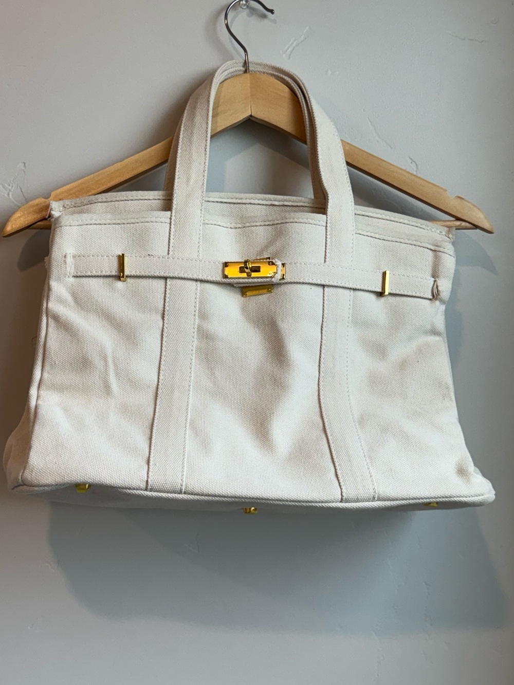 Cream Canvas Tote Bag with Gold Hardware